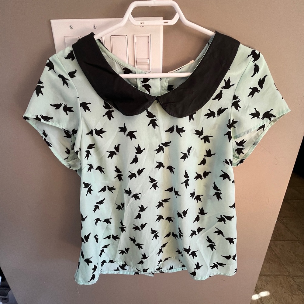 Sugarlips Mint Green Blouse with Black Bird Pattern
